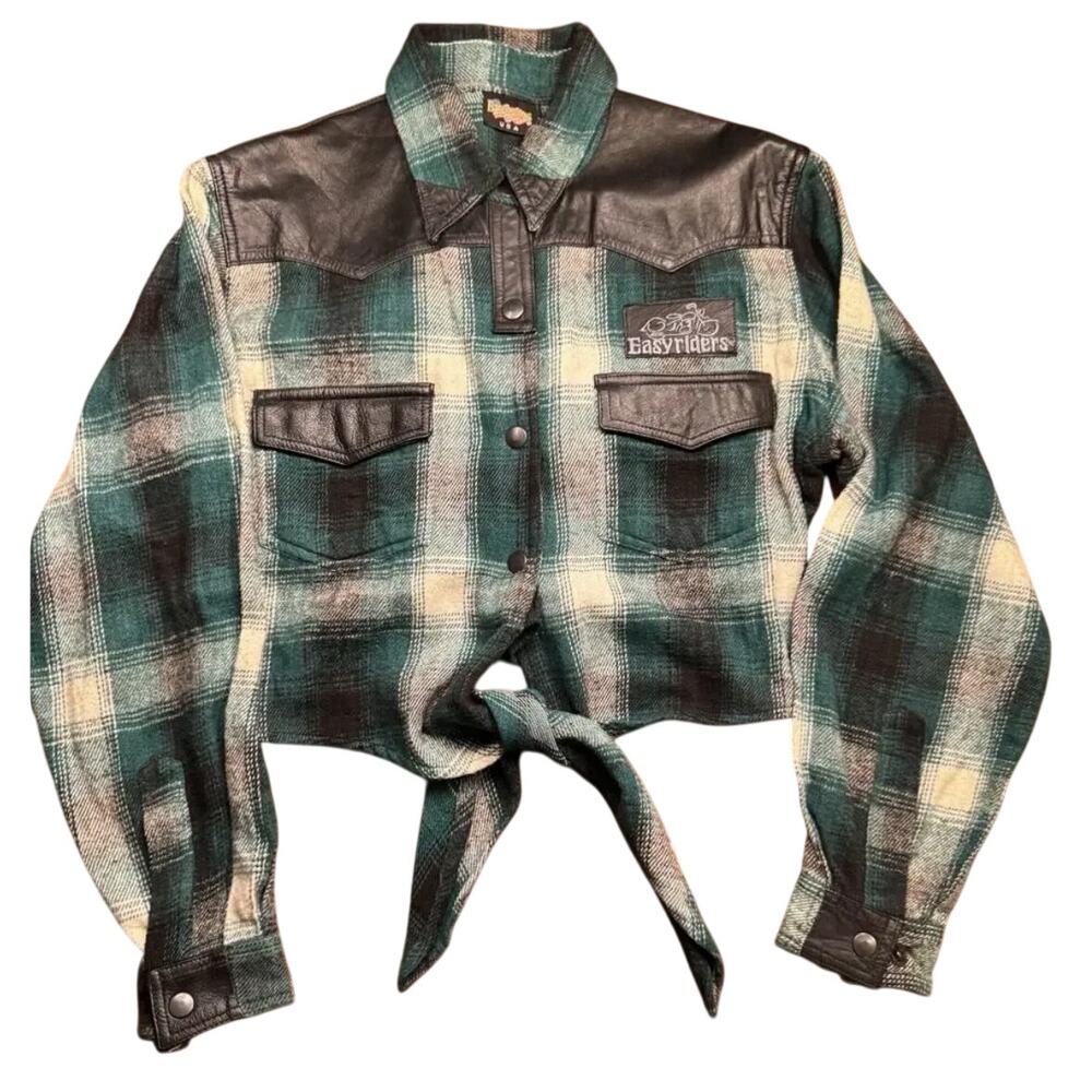 Vintage Easyriders 100% Cotton & Leather Green Plaid Flannel Tie-Up Shirt L